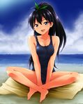  barefoot beach black_hair blue_eyes breasts cleavage fang ganaha_hibiki hair_ribbon highres idolmaster idolmaster_(classic) indian_style kaiga long_hair long_legs looking_at_viewer medium_breasts one-piece_swimsuit open_mouth ponytail ribbon school_swimsuit sitting smile solo swimsuit towel 
