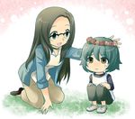  1girl blue_eyes child glasses green_hair head_wreath inazuma_eleven inazuma_eleven_(series) inazuma_eleven_go jacket kariya_masaki kira_hitomiko long_hair onigiriya open_clothes open_jacket open_mouth petting sleeves_rolled_up tears 