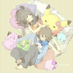  1girl bad_id bad_pixiv_id barefoot brown_hair clefairy dotted_line gen_1_pokemon gen_5_pokemon highres long_hair munna no_hat no_headwear oshawott pikachu pokemon pokemon_(creature) pokemon_(game) pokemon_bw ponytail puppet sleeping snivy tamoto tepig touko_(pokemon) touya_(pokemon) vest 