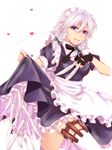 apron bad_id bad_pixiv_id between_fingers blue_eyes braid fingerless_gloves frills gloves heart holding holster izayoi_sakuya knife looking_at_viewer maid maid_headdress mou-nanimo ribbon short_hair silver_hair simple_background skirt skirt_lift smile solo thigh_holster thighhighs touhou twin_braids waist_apron weapon white_background white_legwear 