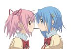  bad_id bad_pixiv_id banned_artist blue_eyes blue_hair blush food gonzaburou hair_ornament hair_ribbon hairclip kaname_madoka looking_at_viewer mahou_shoujo_madoka_magica miki_sayaka multiple_girls pink_eyes pink_hair pocky pocky_kiss ribbon school_uniform shared_food short_hair short_twintails simple_background twintails white_background yuri 