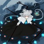  abe_kanari animal_ears basket capelet cloud dowsing_rod dress glaring glowing grey_hair jewelry lightning mouse_ears mouse_tail nazrin pendant red_eyes solo tail tail_hold touhou 