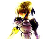  ahoge armor artoria_pendragon_(all) bad_id bad_pixiv_id blonde_hair dress excalibur fate/stay_night fate_(series) gauntlets green_eyes hair_ribbon ichi_(lucky-dog1) ribbon saber solo sword weapon 