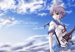  character_name cloud cloudy_sky copyright_name day gibson guitar highres iga instrument kita_high_school_uniform nagato_yuki purple_hair school_uniform serafuku short_hair sky solo suzumiya_haruhi_no_yuuutsu yellow_eyes 