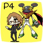  brown_eyes brown_hair chan_co chibi glasses hanamura_yousuke headphones headphones_around_neck jiraiya_(persona_4) male_focus one_eye_closed persona persona_4 school_uniform shrug smile solo standing 