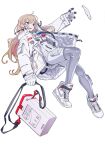  1girl blonde_hair blue_eyes boots commentary container full_body gloves highres hose jacket long_hair nasa_logo nike original shoes sneakers solo tarou2 white_background white_footwear white_gloves white_jacket 