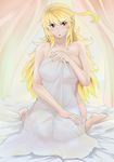  ahoge barefoot blonde_hair breasts cholesenel covering gradient_hair green_hair highres large_breasts long_hair milla_maxwell multicolored_hair nude nude_cover pink_eyes sitting solo tales_of_(series) tales_of_xillia towel wariza wavy_hair 