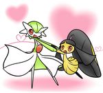  artist_request concave gardevoir green_hair hand_holding hand_holing mawile nintendo no_humans pokemon red_eyes smile 