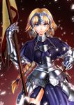  amayofuu armor armored_dress blonde_hair blue_eyes braid dress fate/apocrypha fate/stay_night fate_(series) flag gauntlets hair_ornament headpiece jeanne_d'arc_(fate) jeanne_d'arc_(fate)_(all) long_hair polearm solo weapon 