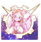  1girl blush breasts circlet dragon_ball dragon_ball_heroes dragon_ball_xenoverse earrings female highres jewelry large_breasts long_hair older pink_hair pink_skin pointy_ears pomeranianko potara_earrings shiny shiny_skin smile solo supreme_kai_of_time v yellow_eyes 