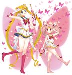  armpits back_bow bell bishoujo_senshi_sailor_moon blonde_hair blue_eyes blue_sailor_collar boots bow bug butterfly chibi_usa choker circlet crystal_carillon double_bun full_body hair_ornament hairpin heart heart_choker holding holding_wand insect kaleidomoon_scope knee_boots long_hair magical_girl multicolored multicolored_clothes multicolored_skirt multiple_girls pink_footwear pink_hair pink_sailor_collar pleated_skirt red_bow red_eyes ribbon runrun sailor_chibi_moon sailor_collar sailor_moon sailor_senshi sailor_senshi_uniform salute short_hair skirt smile standing standing_on_one_leg super_sailor_chibi_moon super_sailor_moon tsukino_usagi twintails wand yellow_choker 