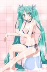  absurdres bathing bikini choker green_eyes green_hair hatsune_miku highres j_(shining-next) long_hair soap_bubbles solo stool swimsuit twintails vocaloid 