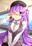  alternate_costume black_legwear blush bow breasts cheek_pinching contemporary crescent hair_bow hat highres large_breasts long_hair one_eye_closed pantyhose patchouli_knowledge pinching purple_eyes purple_hair sitting solo tears touhou two_side_up yamane_akira 