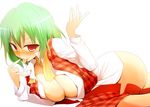  ass blush breasts cleavage green_hair kazami_yuuka kurikara large_breasts lying on_side open_clothes open_shirt open_vest red_eyes ribbon shirt short_hair simple_background skirt skirt_pull skirt_set solo tongue tongue_out touhou undone_necktie vest 