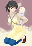  amagami apron baby babywearing highres kneeling takemi_kaoru tsukahara_hibiki turtleneck 