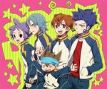  bad_id bad_pixiv_id blue_eyes blue_hair brown_eyes brown_hair frown hand_in_pocket headband inazuma_eleven_(series) inazuma_eleven_go kageyama_hikaru kariya_masaki male_focus matsukaze_tenma multiple_boys nishizono_shinsuke open_mouth purple_hair smile sweatdrop track_suit tsurugi_kyousuke yellow_eyes yuruya_(emlot) 