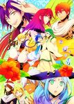  ali_baba_saluja blonde_hair blue_hair braid brown_hair bubble colorful diadem earrings flower green_eyes hakyou_(hakyo) hibiscus hoop_earrings ja'far jewelry magi_the_labyrinth_of_magic masrur morgiana multiple_boys multiple_girls one_eye_closed pisti purple_hair red_hair sharrkan sinbad_(magi) single_braid spartos white_hair yamuraiha yellow_eyes 