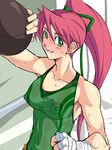  arikawa armpits bandages breasts covered_nipples green_eyes kondou_makoto large_breasts muscle nipples ponytail punching_bag red_hair see-through speed_bag sweat tank_top wrestle_angels 