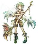  boots caam_serenity_of_gusto cape choker duel_monster elf fujiwara_akina full_body green_hair legwear_under_shorts pantyhose pointy_ears purple_eyes shorts simple_background solo staff torn_clothes torn_legwear wings yuu-gi-ou yuu-gi-ou_duel_monsters 