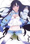  black_hair blue_eyes blush kami-sama_no_memo-chou long_hair open_clothes open_mouth pajamas panties pee peeing saliva shionji_yuuko shorts solo tears thighhighs touge_hiro underwear very_long_hair wet wet_clothes wet_panties white_legwear 