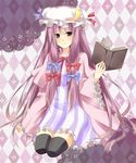  bad_id bad_pixiv_id book bow crescent dress hair_bow hat highres long_hair mizuki_hau patchouli_knowledge purple_eyes purple_hair ribbon seiza sitting sleeves_past_wrists smile solo striped thighhighs touhou very_long_hair 