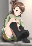  94plum black_legwear brown_hair feet female footwear idolmaster shorts smile socks solo 