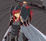  armor axe new_years_(artist) red_eyes red_hair weapon yellow_eyes 