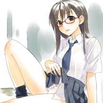  :o blush brown_eyes brown_hair glasses head_tilt highres legs_up long_hair necktie original panties red-framed_eyewear sitting sketch skirt skirt_lift solo underwear white_panties yuuki_keisuke 