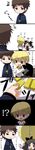  2boys :t b-cat chibi child comic cross eating fate/stay_night fate_(series) gilgamesh highres jewelry kotomine_kirei long_image multiple_boys necklace tall_image toosaka_rin younger 