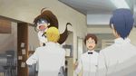  3boys animated animated_gif apron blonde_hair blue_hair brown_hair chef glasses ladder lowres multiple_boys satou_jun shaking souma_hiroomi takanashi_souta taneshima_popura turn_pale waiter waitress working!! 