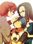  2boys ball blue_eyes brother_and_sister child closed_eyes glasses holding inazuma_eleven_(series) inazuma_eleven_go kariya_masaki kira_hitomiko kiyama_hiroto long_hair multiple_boys older petting red_hair short_hair siblings smile soccer_ball telstar yellow_eyes yui_ko 