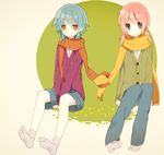  bad_id bad_pixiv_id blue_eyes green_hair inazuma_eleven_(series) inazuma_eleven_go kariya_masaki kirino_ranmaru long_hair manio multiple_boys pink_hair scarf short_hair sitting smile socks twintails yellow_eyes 