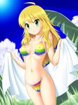  ahoge bikini blonde_hair blush breasts cameltoe covered_nipples green_eyes hoshii_miki idolmaster idolmaster_(classic) long_hair medium_breasts navel shiny shiny_skin smile solo strap_gap string_bikini swimsuit tanuki_yousuke towel 