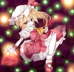  ascot bad_id bad_pixiv_id blonde_hair cross flandre_scarlet hat laevatein mari_audio mary_janes no_wings red_eyes shoes short_hair side_ponytail slit_pupils solo touhou 