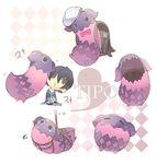  :t argyle argyle_background bag bdsm black_hair bondage bound bow character_name chibi creature fruit_punch full_body hat heart jude_mathis lowres school_bag tales_of_(series) tales_of_xillia teepo_(tales) 