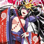  beatmania beatmania_iidx black_hair breasts cleavage facial_tattoo fuji_hyorone hair_ornament hair_rings himiko_(beatmania) japanese_clothes jewelry kimono large_breasts long_hair necklace open_clothes open_kimono open_mouth purple_eyes sash solo staff tattoo tomoe_(symbol) umegiri_ameto 