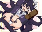  black_hair black_legwear eito extra_mouth filia_(skullgirls) long_hair midriff miniskirt necktie panties pink_eyes prehensile_hair samson_(skullgirls) skirt skullgirls solo thighhighs underwear uneven_eyes v very_long_hair 