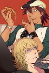  bad_id bad_pixiv_id barnaby_brooks_jr blonde_hair blue_eyes book bracelet brown_eyes brown_hair cabbie_hat facial_hair finger_licking food glasses hat holding_pizza jewelry kaburagi_t_kotetsu licking male_focus multiple_boys necktie pizza shirt stubble t-shirt tei03 tiger_&amp;_bunny vest waistcoat watch wavy_mouth wristwatch 