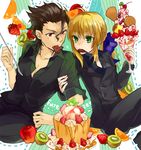  1girl ahoge apple arm_grab artoria_pendragon_(all) bad_id bad_pixiv_id black_hair blonde_hair bow cake chocolate fate/zero fate_(series) food formal fruit green_eyes hair_bow hair_ribbon holding holding_spoon ice_cream kiwifruit kusunokiokonogi lancer_(fate/zero) long_hair mole mole_under_eye mouth_hold necktie orange pant_suit ponytail red_eyes ribbon saber spoon suit sundae sweets vest waistcoat 