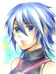  aqua_(kingdom_hearts) bare_shoulders blue_eyes blue_hair highres kingdom_hearts kingdom_hearts_birth_by_sleep kurotennsi short_hair solo 