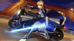  ahoge armor armored_dress artoria_pendragon_(all) blonde_hair blue_dress braid breastplate bridge building dress excalibur fate/zero fate_(series) faulds french_braid gauntlets glowing glowing_sword glowing_weapon greaves green_eyes ground_vehicle hair_ribbon highres highway holding lamp lamppost looking_at_viewer motor_vehicle motorcycle night puffy_sleeves ribbon riding saber serious shirakawa_mayo solo sword weapon yamaha yamaha_v-max 
