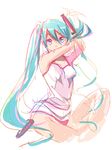  aqua_eyes aqua_hair arms_up bad_id bad_pixiv_id bare_shoulders camisole covering_mouth hatsune_miku legs long_hair looking_at_viewer panties pink_panties simple_background sketch solo staring twintails ume_(plumblossom) underwear vocaloid 