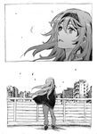  akemi_homura building cardigan casual city comic from_behind greyscale hairband long_hair looking_up mahou_shoujo_madoka_magica monochrome nobita pants solo standing wind 