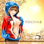  animal_ears arkatopia bear_ears bike_shorts breasts brown_eyes brown_hair buttons cleavage cosplay hood hoodie kuma_(persona_4) kuma_(persona_4)_(cosplay) large_breasts navel open_clothes persona persona_4 satonaka_chie short_hair smile solo television unzipped 