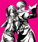  2boys gloves king_of_fighters kusanagi_kyo kusanagi_kyou male male_focus monochrome multiple_boys short_hair simple_backgorund simple_background smile snk yagami_iori 