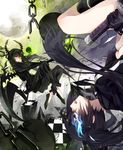  allenkung1 black_hair black_rock_shooter black_rock_shooter_(character) boots burning_eye chain checkered dead_master floating full_moon glowing glowing_eyes green_eyes highres horns katana long_hair moon multiple_girls scythe skull sword twintails upside-down weapon 