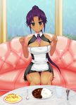  artist_request asuka_(dream_c_club_zero) blush breasts character_request cleavage curry dark_skin dream_c_club food highres long_hair maid omurice panties pocky ponytail purple_hair smile solo tears underwear waitress 