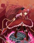  apple bad_id bad_pixiv_id black_legwear boots chain cross food frills fruit long_hair magical_girl mahou_shoujo_madoka_magica makura_(being7) mouth_hold oktavia_von_seckendorff pleated_skirt pocky polearm ponytail red_eyes red_hair sakura_kyouko skirt spear thighhighs weapon 