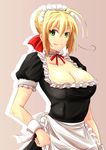  alternate_costume apron bad_id bad_pixiv_id blonde_hair breasts cleavage enmaided fate/extra fate_(series) green_eyes hair_ribbon huge_breasts kichihachi maid maid_headdress nero_claudius_(fate) nero_claudius_(fate)_(all) ribbon simple_background smile solo 