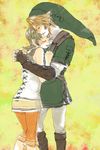  1girl bad_id bad_pixiv_id blonde_hair brown_hair closed_eyes earrings gloves hat hug ilia_(zelda) jewelry link pointy_ears smile the_legend_of_zelda the_legend_of_zelda:_twilight_princess yo_mo 